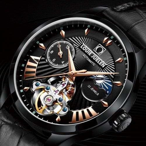 LOUIE JUELEN New Automatic Mechanical Watch Men Luxury Waterproof Tourbillon Business Watches Moon Phase Date Relogio Masculino