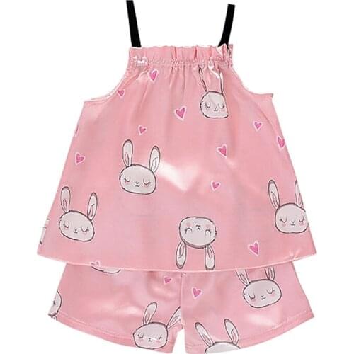 Kids Girls Pajamas 2pcs Bunny Pattern Sling Outfits Set Short Sleeve Blouse Tops+Shorts Sleepwear Baby Clothes 2525