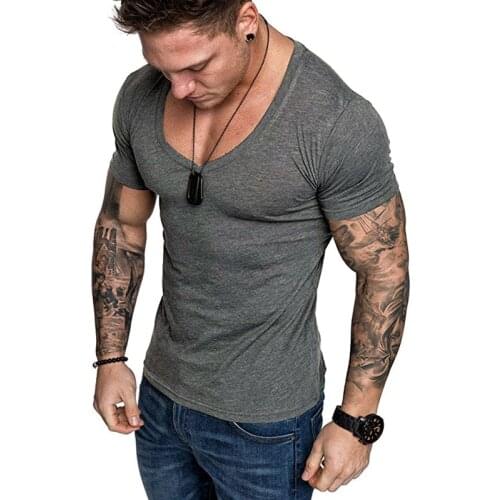 2021 Fitness T-shirt Mens Casual V-Neck Short Sleeve Tshirt Sports Slim Fit Tee Shirt Male Bodybuilding Workout Summer Clothing