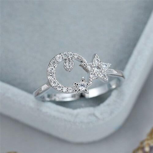 Dainty Female Moon Star Crystal Ring Charm Moon Star Thin Wedding Rings For Women Trendy Zircon Silver Color Engagement Ring