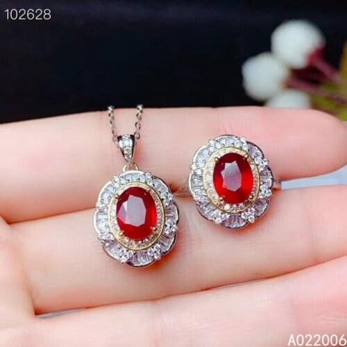 KJJEAXCMY Fine Jewelry 925 Sterling Silver Inlaid Natural ruby Gemstone popular Ring Necklace Pendant Set Support test