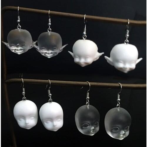 Creative Funny Handmade Smiling Elf Dolls Head Dangle Earrings for Women Girls White Transparent Exaggerated Drop Earrings