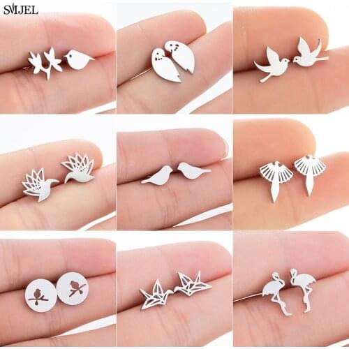 Mini Cute Stainless Steel Animal Bird Earrings For Women Girls Fashion Earings Jewelry Crane Swallow Dove Flamingo Stud Earring