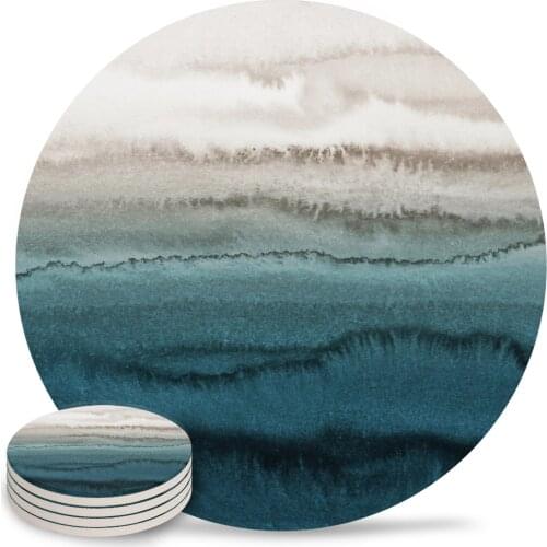 Cyan Gradient Retro Round Coaster Set Non-slip Heat Proof Ceramic Coffee Drink Coasters Table Decoration Placemats