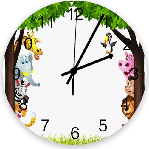 Jungle Forest Cartoon Animal Lion Elephant Giraffe Zebra Tiger Bird Monkey Wall Clock Wooden Modern Design Clocks Wall Decor