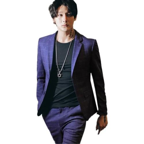 2020 New Young Men Business Casual Suit Two-piece Set Blue Gray Fashion Mens Plaid Suit Jacket and Pants Slim Fit Mens Clothing