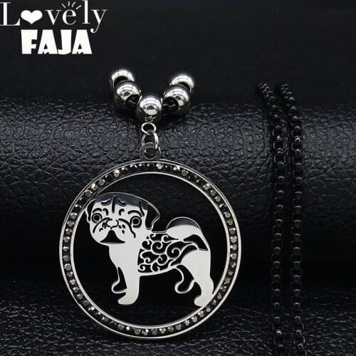 2021 Black Crystal Stainless Steel Necklace Women Pug Dog Necklaces & Pendants Jewelry acero inoxidable joyeria mujer N19709