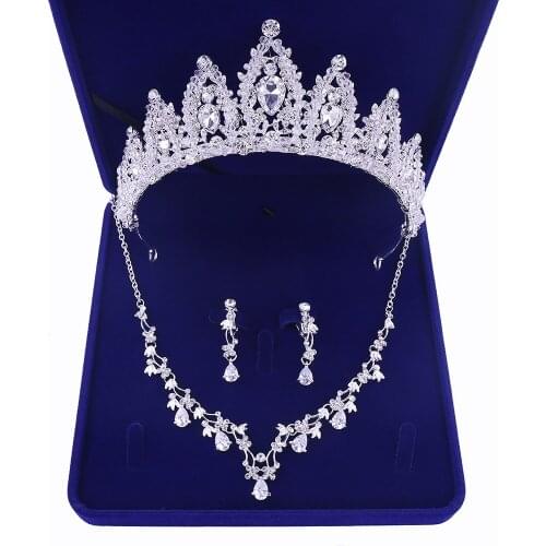 Luxury Sliver Plated Rhinestone Crystal Crown Pearl Necklace Earrings Jewelry Set For Bride Wedding African Costume Jewelry Sets