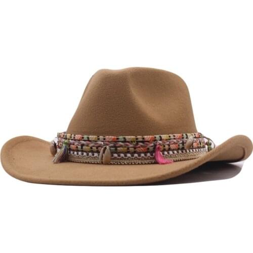 Khaki Fedora Felt Hat for Women Vintage Ladies Trilby Cap with Tassels Autumn Winter Fedora Female Jazz Panama Indy Hat