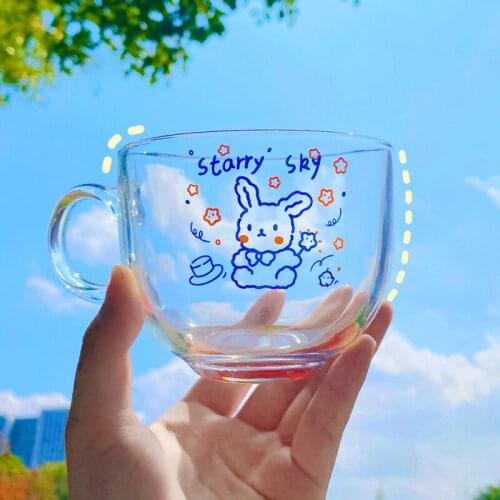 Cartoon Glass Cute Girl Heart Bunny Breakfast Cup Simple Transparent Large Capacity Water Glass Cup-Star Rabbit Kitchen Accessor