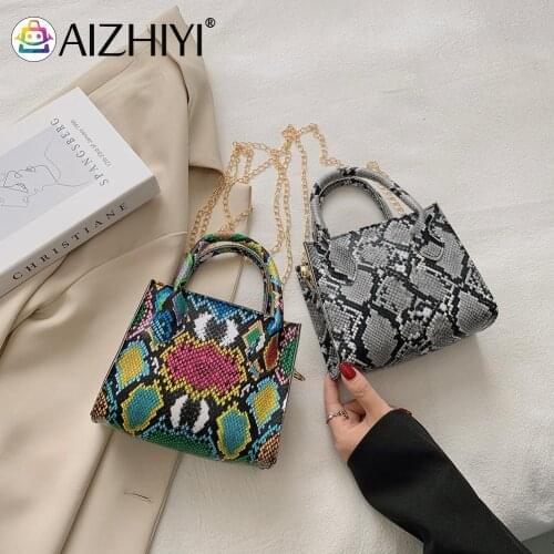 Fashion Women PU Leather Snake Pattern Printing Chain Shoulder Crossbody Messenger Bag Casual Ladies Small Top-handle Handbags