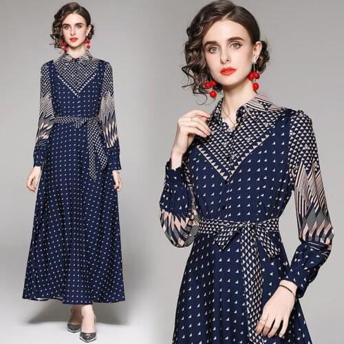 Europe and America England Style Long Sleeve Spring/Autumn Design Print Geometric Korean Dress Women Clothing Shirt Maxi Dresses