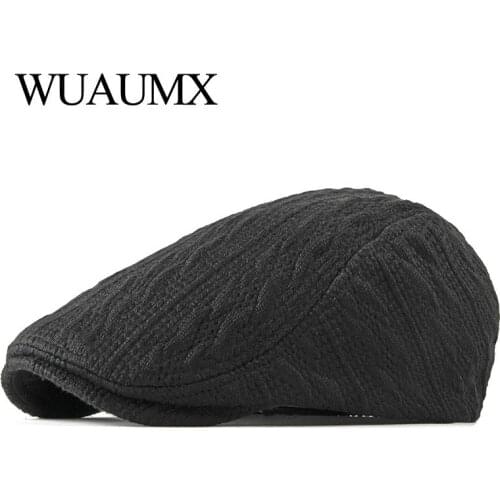 Wuaumx Autumn knitting Beret Cap Men Visor Wool Peaked Flat Ivy Cap Elderly Newsboy Duckbill Hat Middle-aged Herringbone Hat