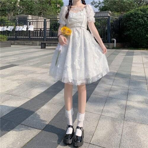 Japanese Sweet Cute Lively Lace Embroidery Dresses Little Fairy Princess With Lace Butterfly Skirt Puff Sleeve Lolita Dress 2021