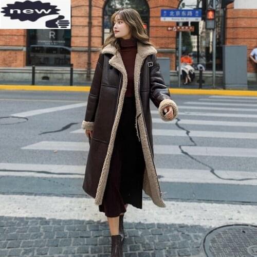 Vintage Real Fur Shearling Straight Women Long Overcoat Winter Thicken Wool Liner Genuine Leather Jacket Female Sheepskin Coat