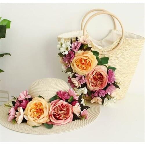 2021 Summer Straw Beach Bag for women Colorful Flowers Handmade Weave Rattan handbag Fashion Lady Holiday Tote Hat Suit
