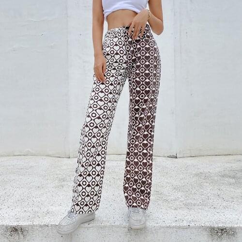 Dourbesty Women Pants Vintage Heart and Plaid Printed Pattern Zip-up High Waist Trousers 90s Aesthetics Straight-leg Capris