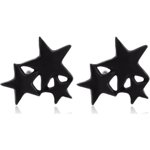 Triple Different Sizes Stars Metallic Golden Black Silver Plated Women Cute Stud Earrings