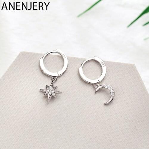ANENJERY 925 Sterling Silver Hot Fashion Zircon Moon Star Hoop Earrings for Women 2020 Best Christmas Gifts Jewelry S-E1360