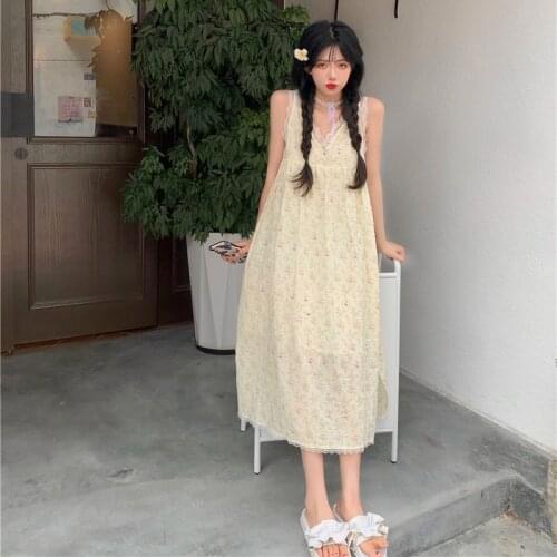 Woman Dress Sweet Lace V-neck Floral Sling Dress Female Summer New Style Skirt Korean High Waist Midi Skirt