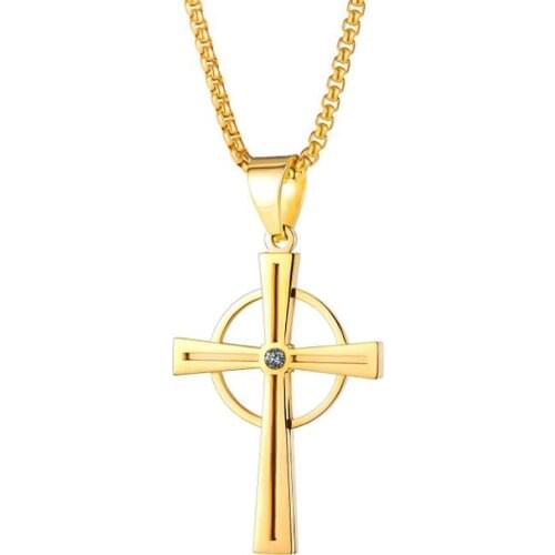 Stainless Steel Gold Minimalism Cross Zircon Stone Fashion Delicate Pendant Necklace Jewelry Gift For Him