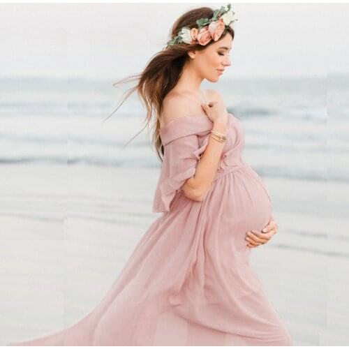4# Women Pregnants Maternity Photography Props Shoulderless Ruffles Solid Dress Bohemian Pregnants Maternity Dress Photography