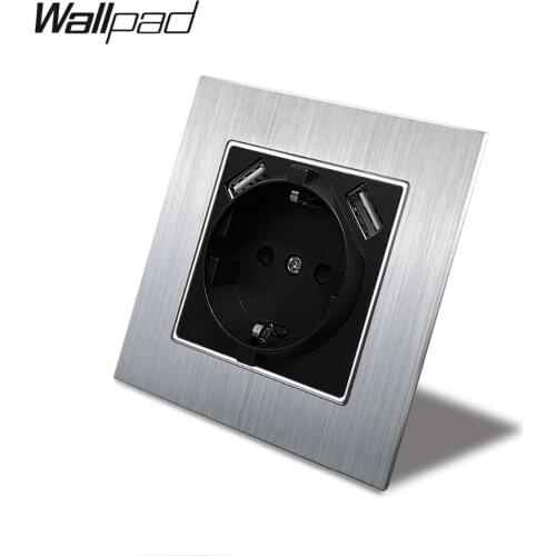 Wallpad Silver Metal EU Schuko Electrical Socket with 2 USB Charging Outlet 5.1DC 2.1A For EU Round Box Socket with Claws