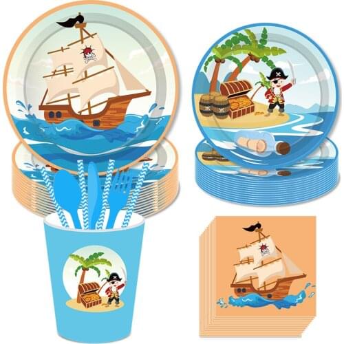 Caribbean Pirate Theme Party Dinner Dessert Plates Disposable Tableware Sets Nautical Pirate Kid Happy Birthday Party Decoration