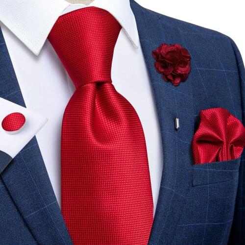 Classic Red Solid Ties For Men 8cm Width Mens Wedding Party Neck Tie Pocket Square Cufflinks Brooch Pin Men Wedding Accessories