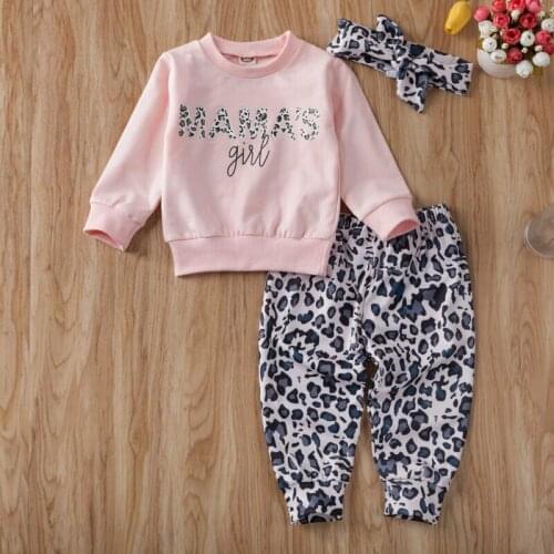 Newborn Baby Girls Clothes Set Long Sleeve Top Letter Print Sweatshirt Leopard Pants Bow Headband 3Pcs Outfit