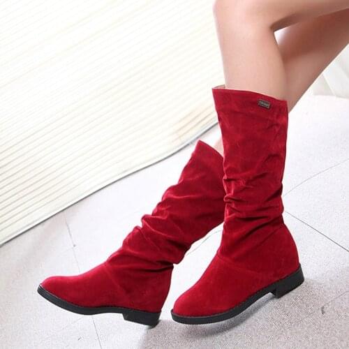 Autumn Winter Women Boots Matte Flock Boots For Female Ladies Height Increased Low Heel Shoes Lady Mid Calf High Boots plus 40