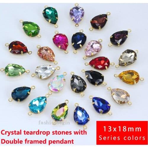 20p 13x18mm Teardrop rhinestones Faceted Framed glass pendants necklace connector earrings findings Jewellery 2-loop Brass Beads