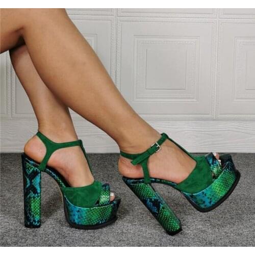 Hot Women Sandals Green Python High Platform Brand Shoes Ladys Party Sexy Wedding Deep Toe Chunky Heels Sandals T Strap Pumps
