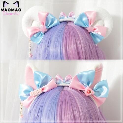 Handmade Kawaii Sheep Cat Ear Bow Head Hoop Sweet Dream Princess Hair Band Headwear Japanese Maid Lolita Accessories KC Headband