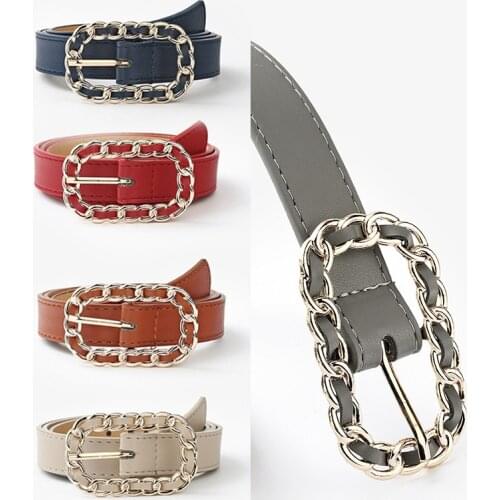 Vintage Punk PU Leather Belts Women Black Alloy Chain Buckle Waistband Jeans Casual Female Decorative Waist Belts for Ladies