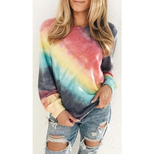 New Fashion Long Sleeve Tie dye rainbow t-shirt for women Casual O-Neck printed Large Size t-shirts 2020 fashion clothing Autumn