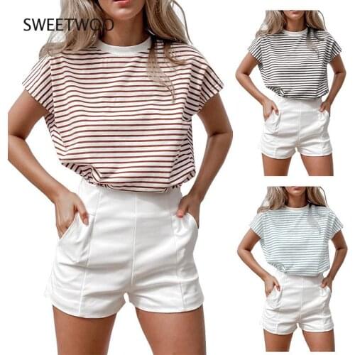 2021 Summer T-Shirt Womens Striped Temperament Commuter Loose T-Shirt Casual Round Neck Short Sleeve Top 3 Colors