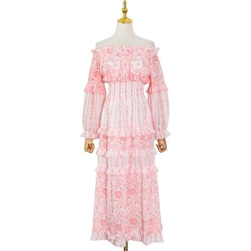 2021 Summer New One Shoulder High Waist Slim Splicing Floral Chiffon Swing Long Dresses for Women Donsignet