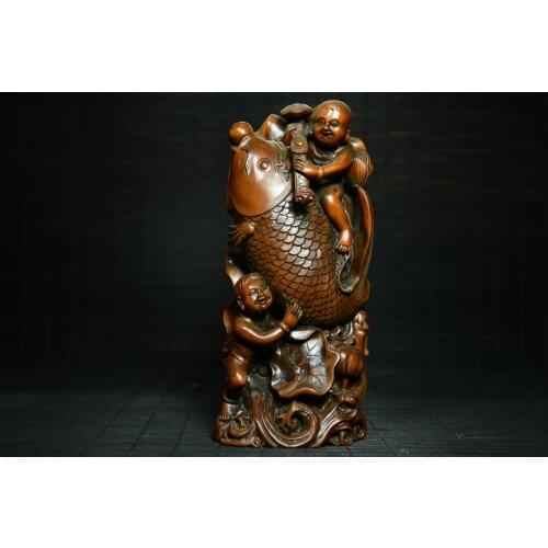 7"China Lucky Old Boxwood Hand-carved Boy holding fish statue Golden boy and jade girl Ruyi Statue Office Ornaments Town House