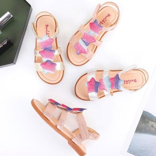 Toddler Girls Summer Sandals Glitter Kids Star Shoes Baby Girls Princess Flat Shoes Flower Girls Shoes Children Birthday White