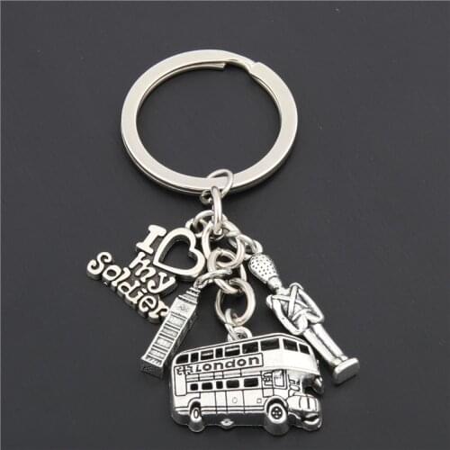 1pc London Bus Keychain Big Ben Charms I Love My Soldier Key Chains Army Navy Airforce England Gift E1661