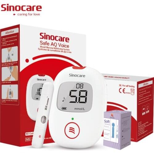 Sinocare AQ Voice Blood Glucose Monitor Kit with Test Strips & Needles Test Accurate for Diabetes Glucometer + Free Bag