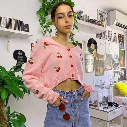 Autumn Women Loose Knitwear Long Sleeve Cropped Knitted Cardigans Sweater Female Sexy V Neck Sweater Tops Vintage White Pink