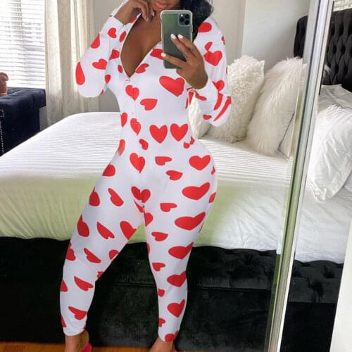 Valentines Day Womens Sexy Print Home Onesies Jumpsuit Sleepwear Long Sleeve Bodycon Bodysuit Romper Trousers Pajamas One Piece