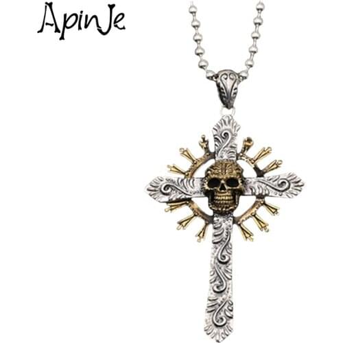 Apinje Thai Silver Pendant 925 Sterling Silver Brass Cross Skull Necklace Pendant Men And Women Fashion Gothic Jewelry