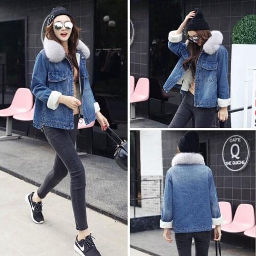 Denim Winter 2020 Jacket for Women Fur Collar Oversize Parka Short Cotton Coat Woman Faux Cashmere Thick Jackets KJ770 s