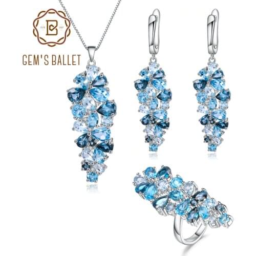 GEMS BALLE Natural Blue Topaz Gemstone Ring Earrings Pendant Set 925 Sterling Silver Vintage Birthstone Jewelry Sets For Women