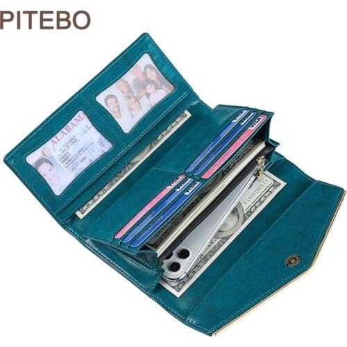 PITEBO Business Lady Long Leather Handbag three fold multi-purpose mobile phone wallet Rfid anti-magnetic Card Cowhide Fashion