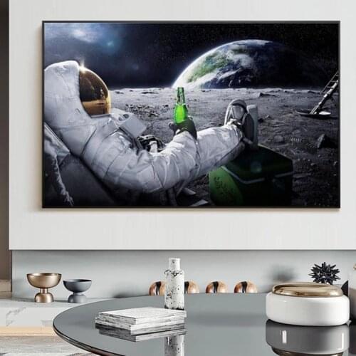 Modern Beers Outer Space Earth Astronauts Moon Oil Painting on Canvas Posters Prints Wall Art Pictures For Living Room decor