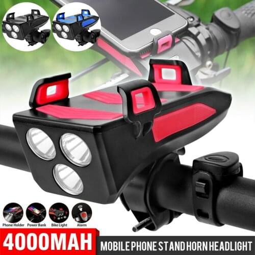 LED Bicycle Handlebar Light 4-in-1 Multi-function Cell Phone Holder Bracket Power Bank Alarm USB Waterproof Bicycle Lights